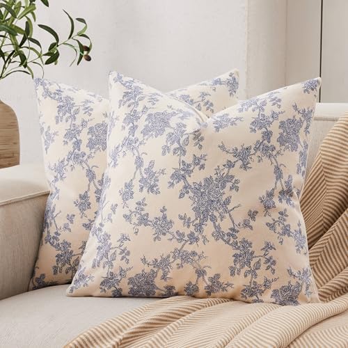 2 Pack French Floral Throw Pillow Covers 22x22in, Blue/Cream