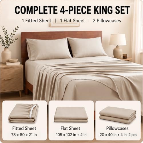 CozyLux 4-Piece King Sheet Set, 21-Inch Extra Deep Pocket, Wheat