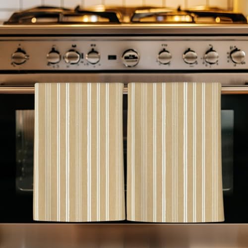 Brown Beige Striped Kitchen Towels Set of 3, Absorbent Dish Towels for