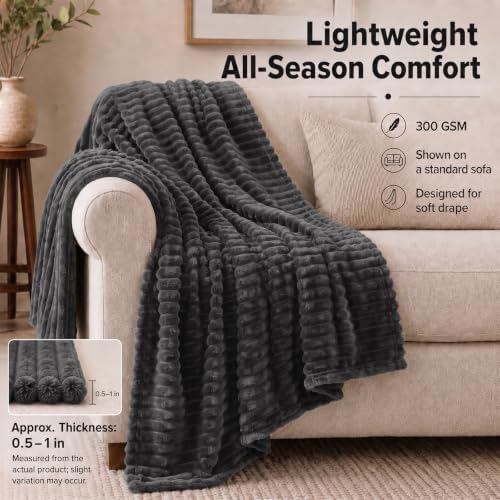 HIMEET Charcoal Grey Queen Blanket for Bed, 300GSM Ribbed Fleece, 90 x
