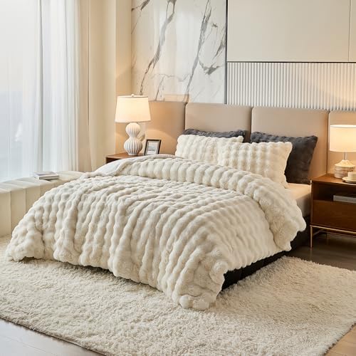 King Faux Rabbit Fur Comforter Set - 3 Pieces Fluffy Bedding Set Ultra