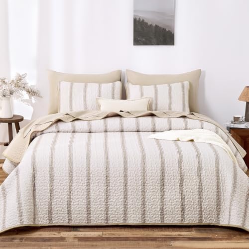 Wake In Cloud Striped Quilt Set, Taupe, King