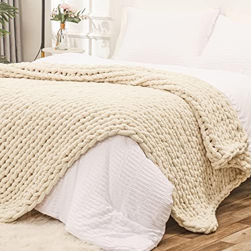 Bigacogo Chunky Knit Throw Blanket for Couch, 80x90 inches, Beige