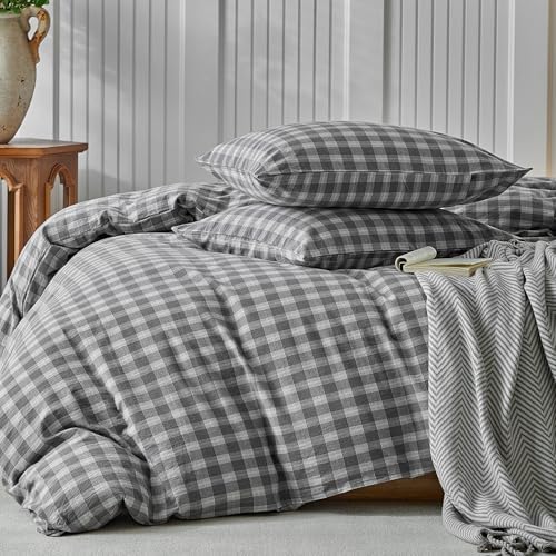 DuShow Washed Cotton Gingham Duvet Cover Queen Gray Plaid Checkered