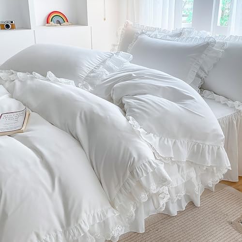 Ruffle Cotton Duvet Cover Set 4 Piece,Shabby Soft Bedding Set with