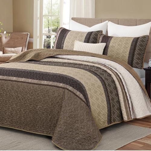 Dinjoy Boho Queen Quilt Set, Striped Soft Bedspread, Taupe