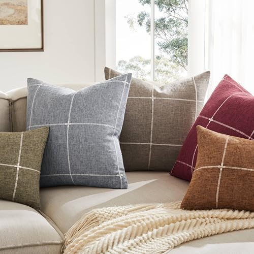 2 Packs Grid Embroidery Throw Pillow Covers 22x22in Burgundy