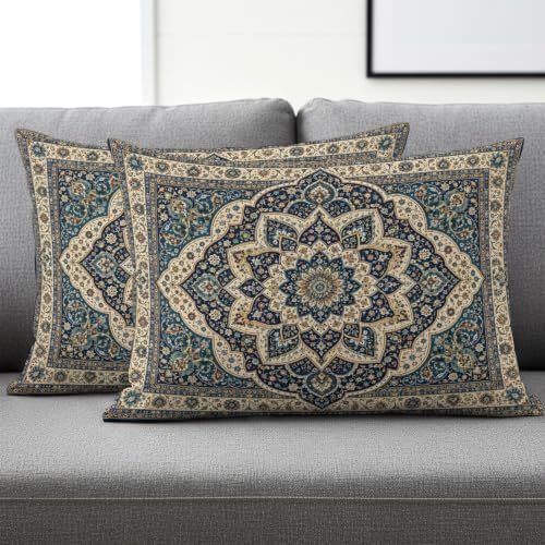 Boho Traditional Throw Pillow Covers, Navy Gold Cream Floral Pattern