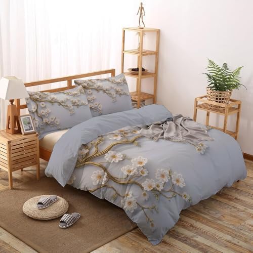 Duvet Cover Set King, 3D Flower and Leaf Relief Brushed Microfiber