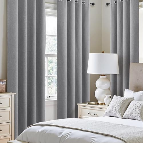 Dark Grey Linen Blackout Curtains 84 Inch Length 2 Panels Set for