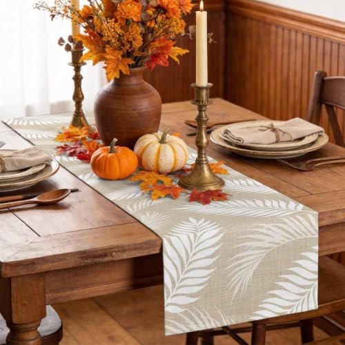 Beige Leaves Table Runner 108 Inch Long Dresser Scarves Linen