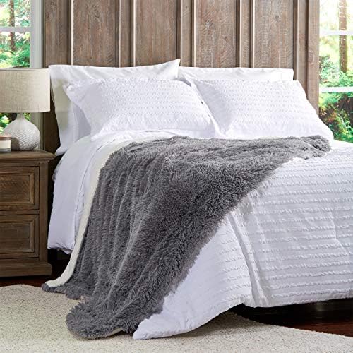 Bedford Home 60x70 Pewter Faux Fur Blanket - Long Pile Rabbit Sherpa
