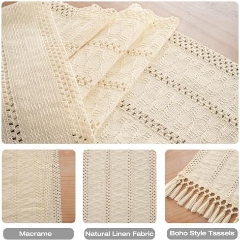 Ivory Farmhouse Boho Macrame Table Runner with Tassels 110 inches Long