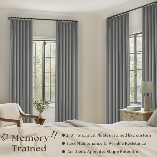 Grey 100% Blackout Pinch Pleat Linen Curtains 108 Inches Long for