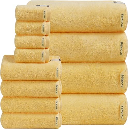 12-Piece Cotton Bath Towel Set with Hanging Loops for Bathroom, Yellow
