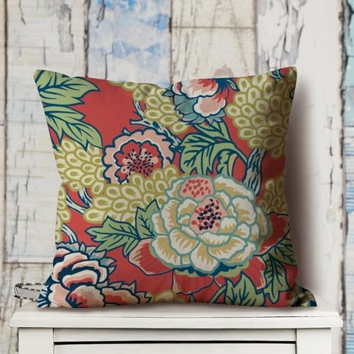 Chinoiserie Red Peony Floral Pillow Covers Set of 2, Cozy Peony
