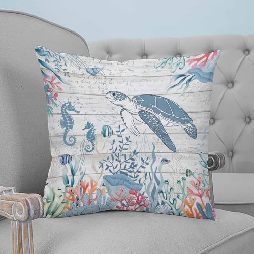 Pillow Covers 20x20 Set of 2, Coastal Turtle Square Throw Pillow