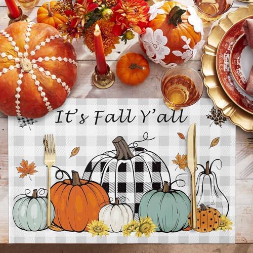Placemats Set of 8, Thanksgiving Fall Pumpkin Maple Leaf Washable