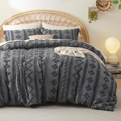 Bedsure Boho Duvet Cover Queen, Tufted Embroidery, 3-Piece, Dark Grey