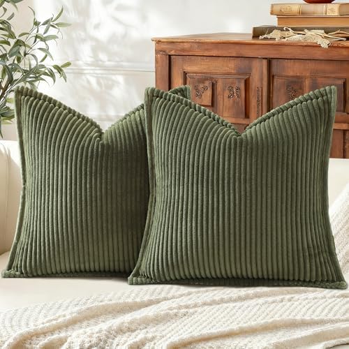 Mecatny Corduroy Fall Throw Pillow Covers 22x22 Set of 2 Olive Green