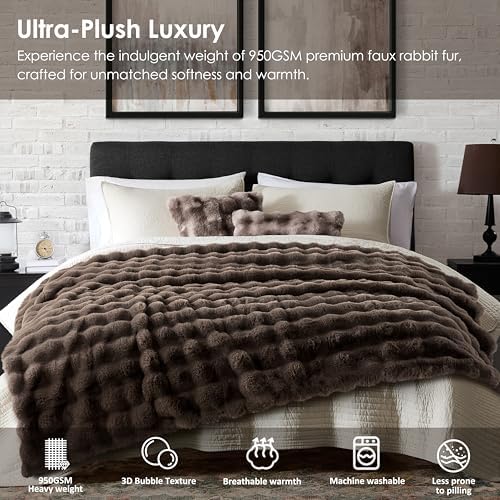 WDCOZY Luxury Bubble Throw Blanket, Brown Faux Rabbit Fur Mink Plush