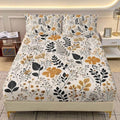 AILONEN Full Fitted Sheet Set, Mustard Black Wildflower Foliage Print