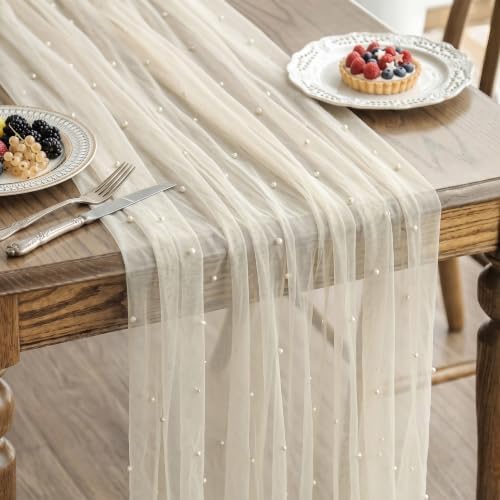 Beige Pearl Gauze Table Runner 120 Inch 10PCS, Dining Wedding Table