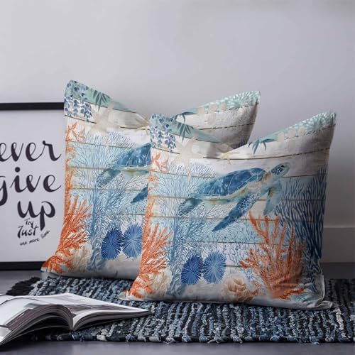 Sea Turtle Coastal Pillow Covers 24x24 Set of 2, Summer Beach Coral