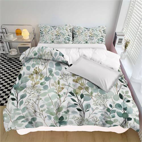Duvet Cover Set King, Watercolor Eucalyptus Leaves Brushed Microfiber