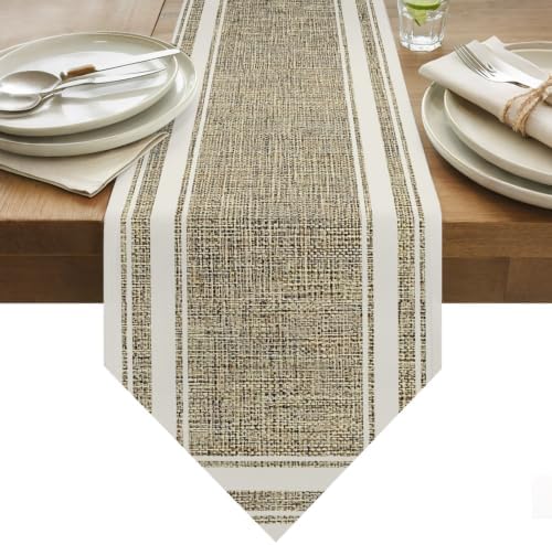 Beige Rustic Table Runner 108 Inches Long, Farmhouse Neutral Striped