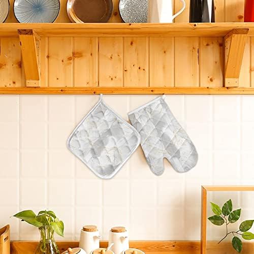 Quilted Cotton Terry Cloth Oven Mitt, Pot Holder Grey Marble Pattern