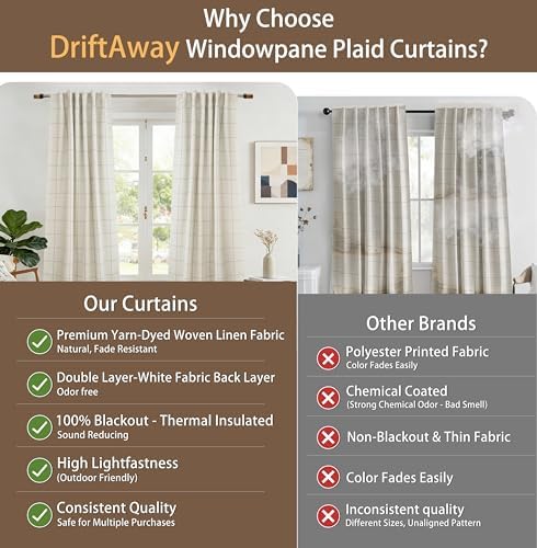DriftAway 100% Blackout Plaid Linen Curtains 108 Inches Long 2 Panels