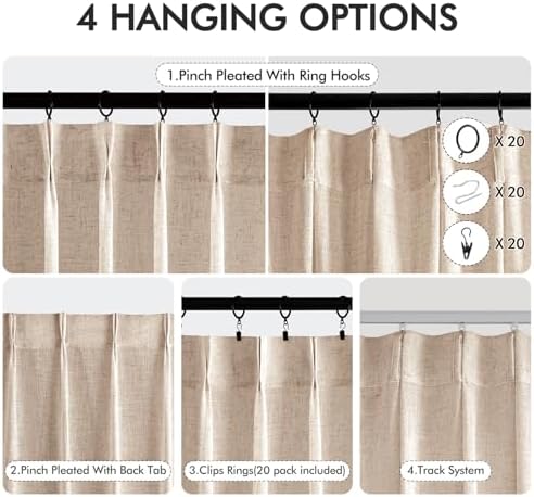 MIULEE Natural Beige Pinch Pleated Linen Curtains 2 Panels 40W x 84L