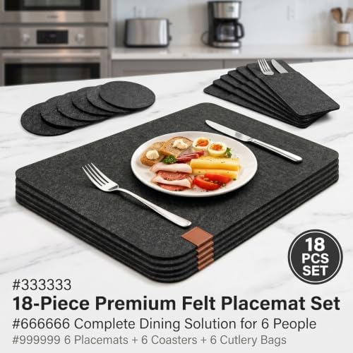 Felt Placemat Set of 18, 6 Placemats, 6 Coasters and 6 Cutlery Bags