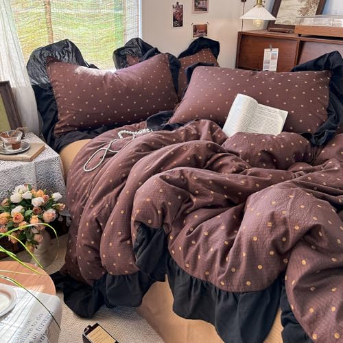 Retro Brown Polka Dot Ruffle Duvet Cover King Soft Double Gauze