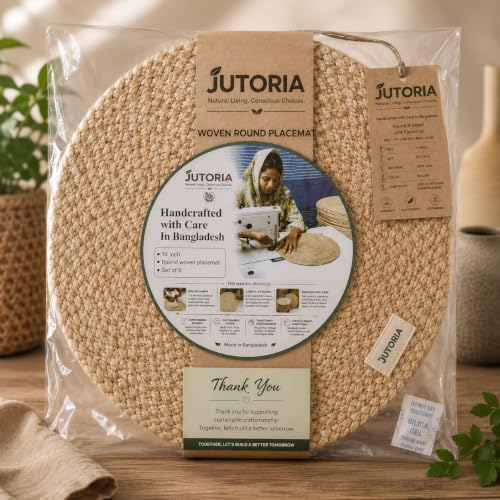 Round Woven Jute Placemats Set of 6, 14 Inch, Natural Braided