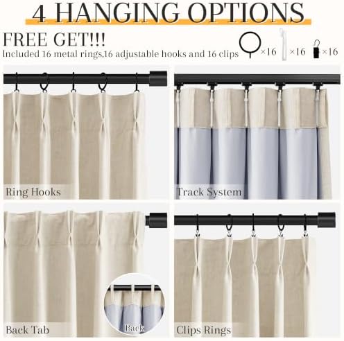 Nanspring 100% Blackout Linen Pinch Pleated Curtains 120 Inch Birch