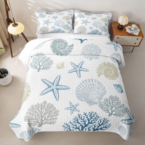 Manfei Coral Starfish Quilt Set Minimal Neutral Coastal Quilt Bedding