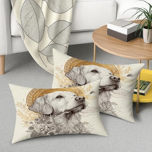 Set of 2 Decorative Throw Pillow Covers, Cream Dog Illustration with