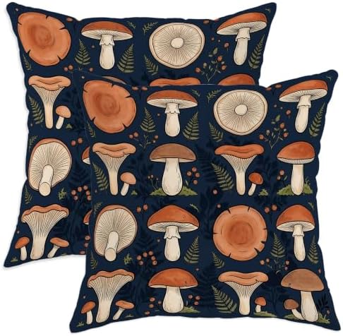 Mushroom Throw Pillow Covers Set of 2, Fanciful Rustic Fern Floral