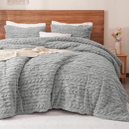 PHF Fluffy Sherpa Fleece King Comforter Set, Grey