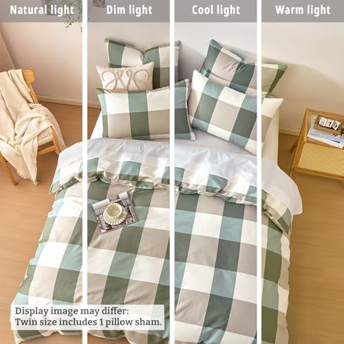 Sage Olive & Oatmeal Neutral Plaid Cotton Duvet Cover Set Twin Size