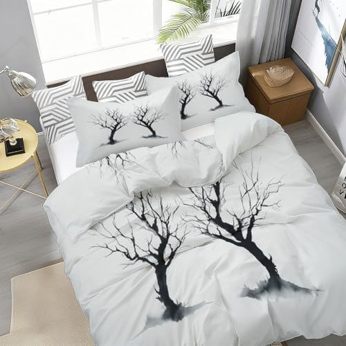 Light Gray Duvet Cover Set King Size, Minimalist Dead Branch Pattern