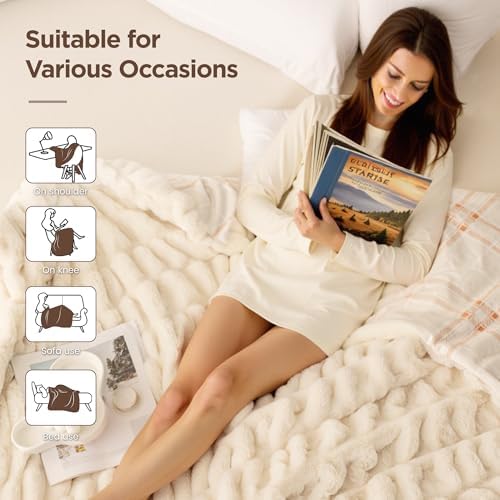 Sophia & William, Ruched Wavy Faux Fur Throw Blanket, 60 x 80, Cream