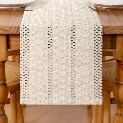 DeZerlor Ivory Farmhouse Table Runner 90Inch Woven Linen Dining Runner