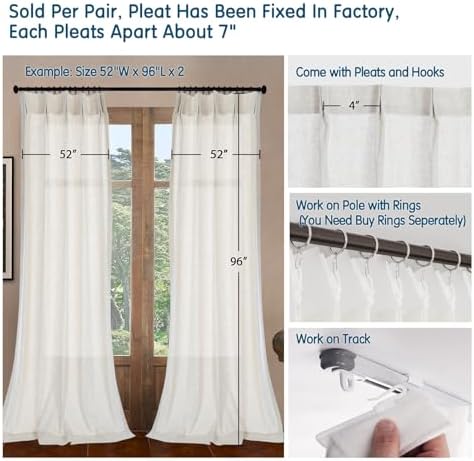 LETAU Long Linen Beige Curtains 108 inches, Lined Blackout Pencil