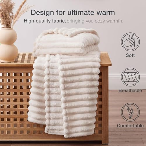 EXQ Home Beige Cozy Fleece King Blanket Stripe for Bed, Sofa & Travel
