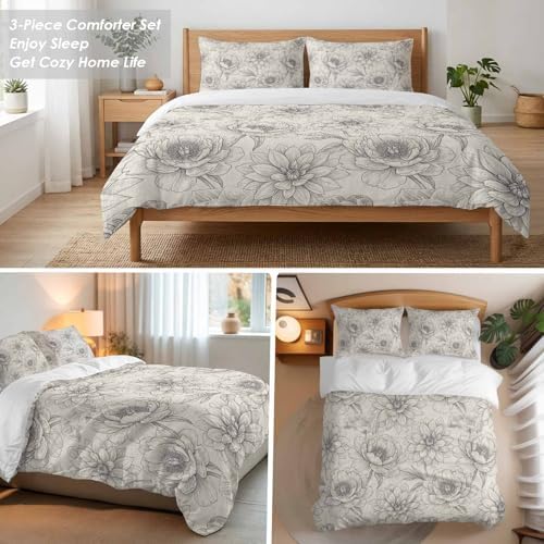 3 Pieces Bedding Set Queen Size, Bohemia Floral Soft Duvet Covers Set