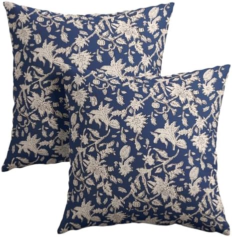 Navy Blue Floral Block Print Throw Pillow Covers 22x22 Inch Set of 2
