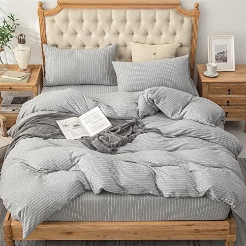 PURE ERA Jersey Duvet Cover Set Heather Grey & White Pintripe Queen